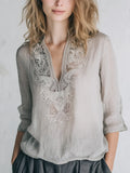 Elegant Light Gray Lace Linen Shirt