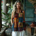 Vintage Tribal Floral Patchwork Sleeveless Linen Blend Tank Top