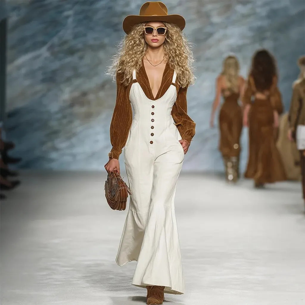 Women's Vintage Elegant White Jumpsuit With Brown Velvet