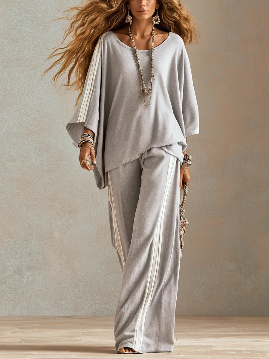 Bohemian Gray Cotton Linen Wide Leg Pants Suit