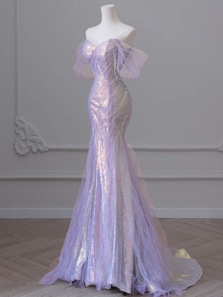 Sexy Purple Laser Sequin Beaded Mermaid Women Evening Dress with Puff Sleeves Tassel Pearls Tulle Train Prom Gown Formal Dress