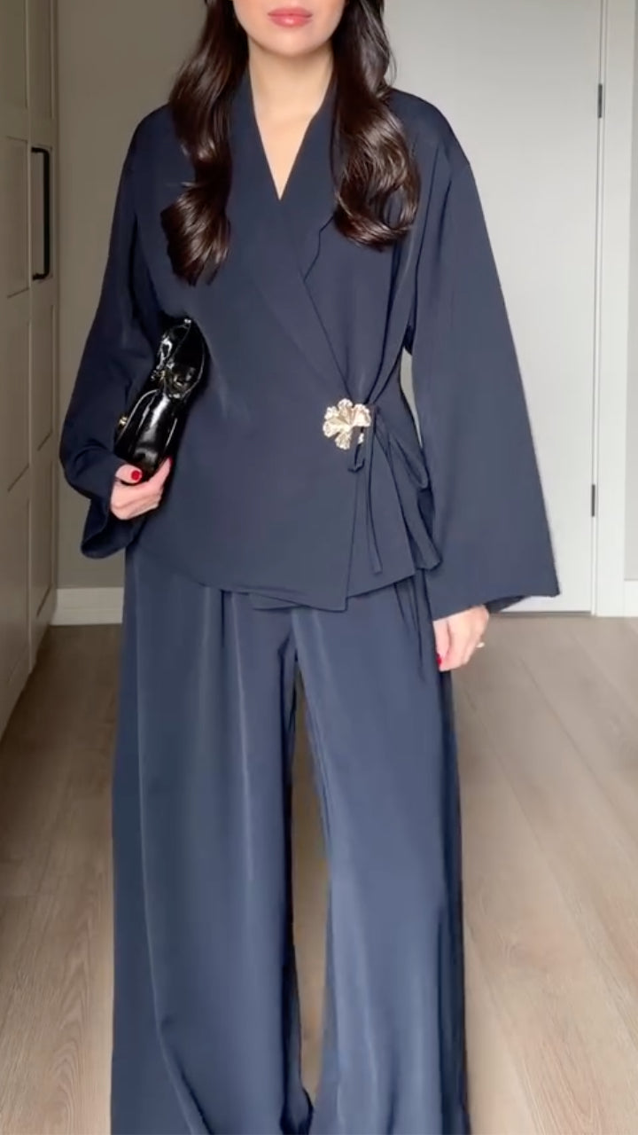 Wrap Blouse with Wide Leg Pants Set