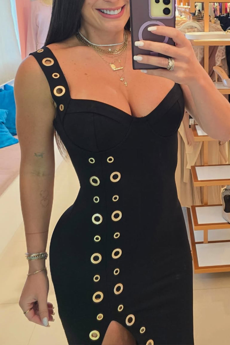 Bodycon Dress with Gold Eyelet Details