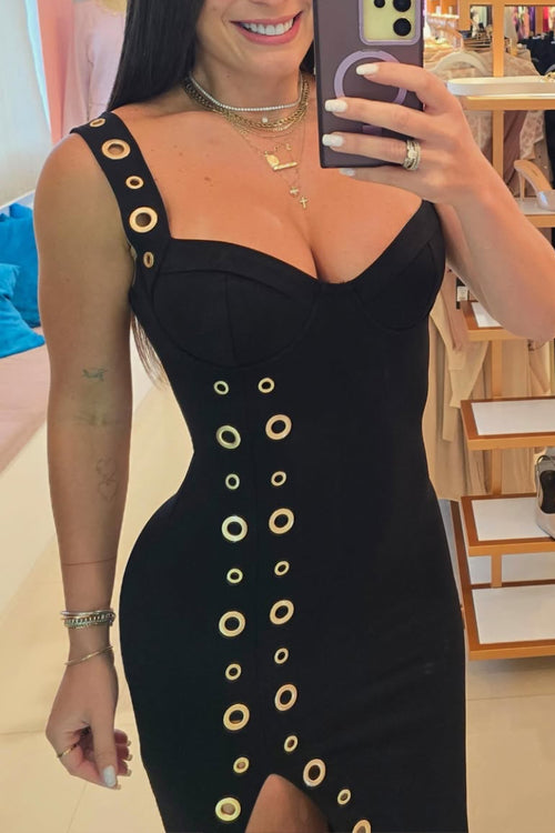 Bodycon Dress with Gold Eyelet Details