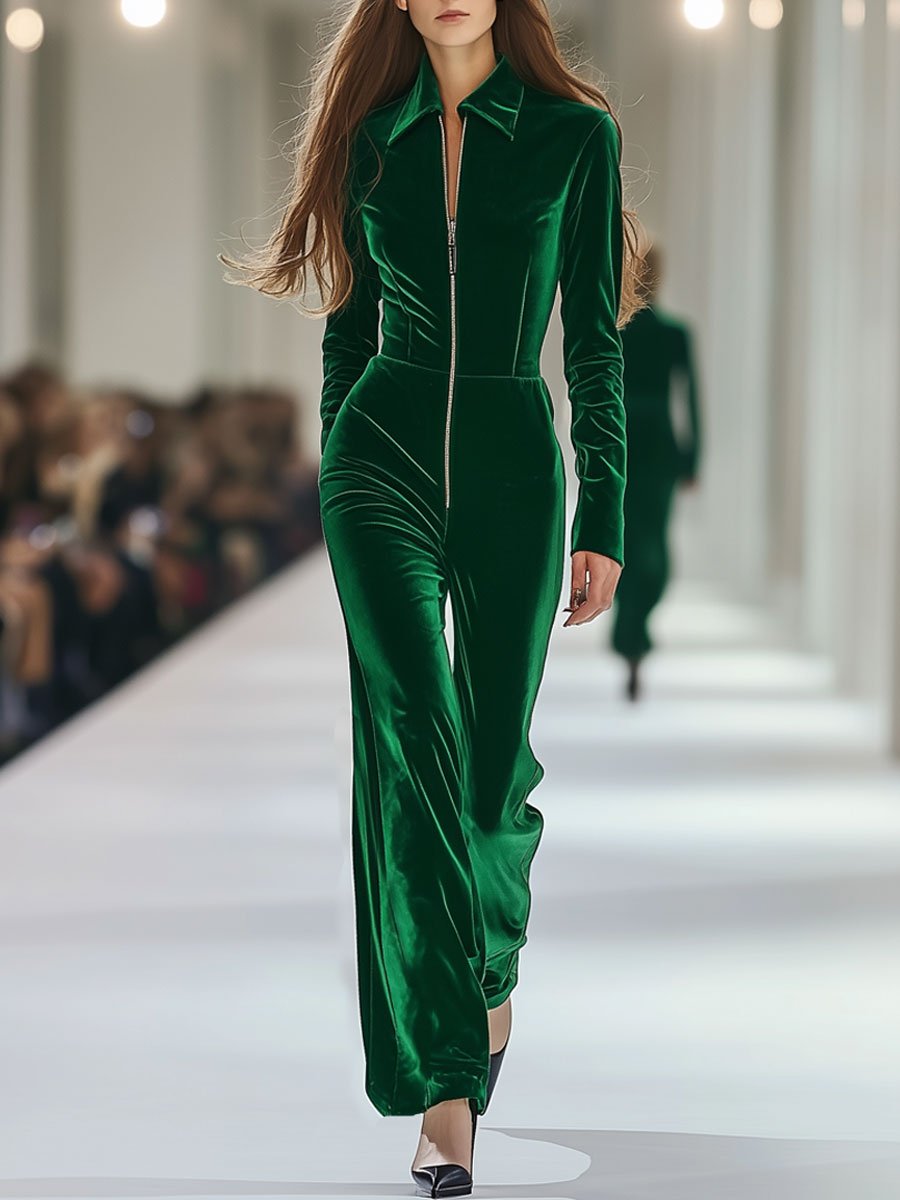 [24-hour shipping out]Casual Loose Retro Long Sleeve Green Velvet Zipper Jumpsuit