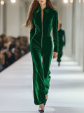 [24-hour shipping out]Casual Loose Retro Long Sleeve Green Velvet Zipper Jumpsuit