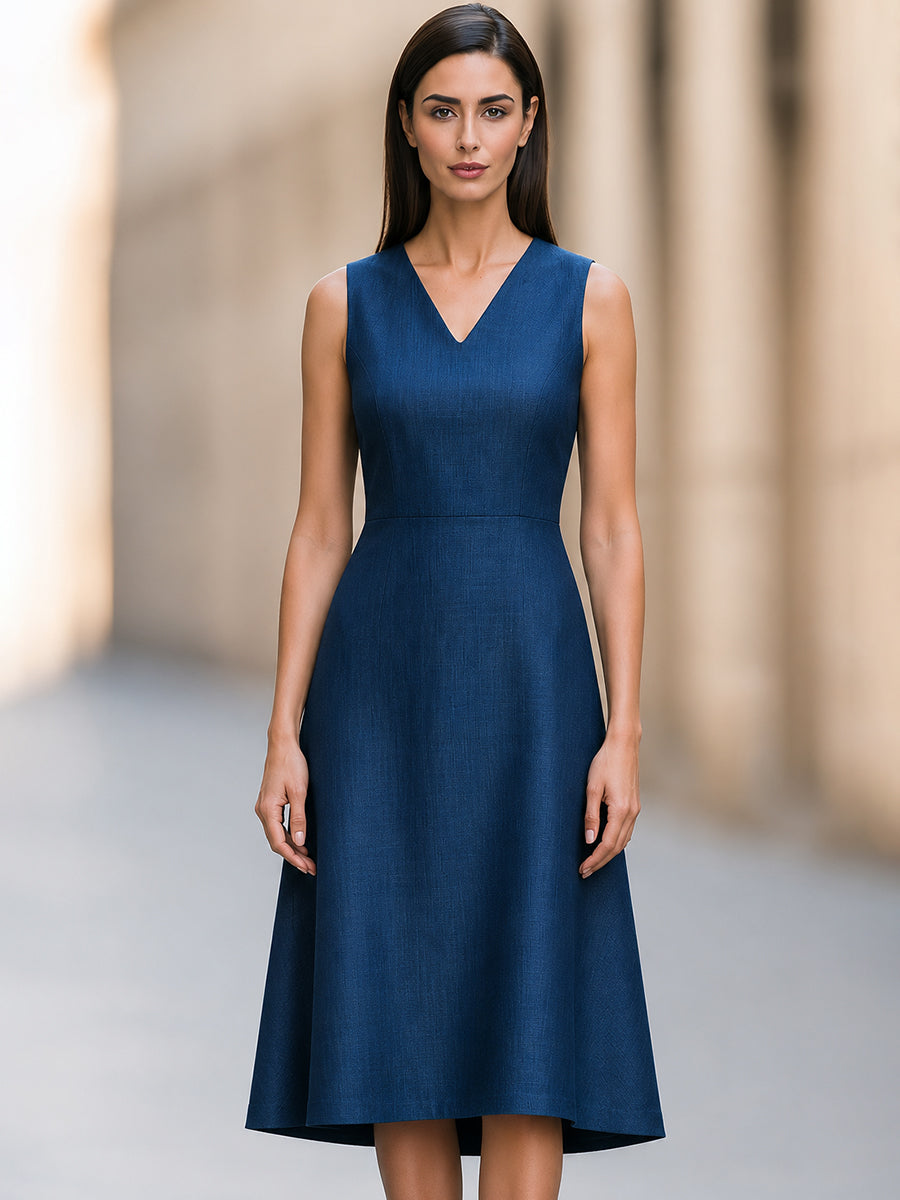 Two-Piece Set: Waterfall-Style Layered Cardigan-Effect Dress With Slim-Fit V-Neck Midi Dress