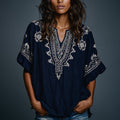 Women's Boho Floral Art Print Flowy Linen Blend Casual Short Sleeve Tops