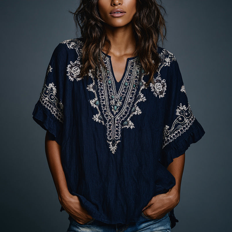 Women's Boho Floral Art Print Flowy Linen Blend Casual Short Sleeve Tops