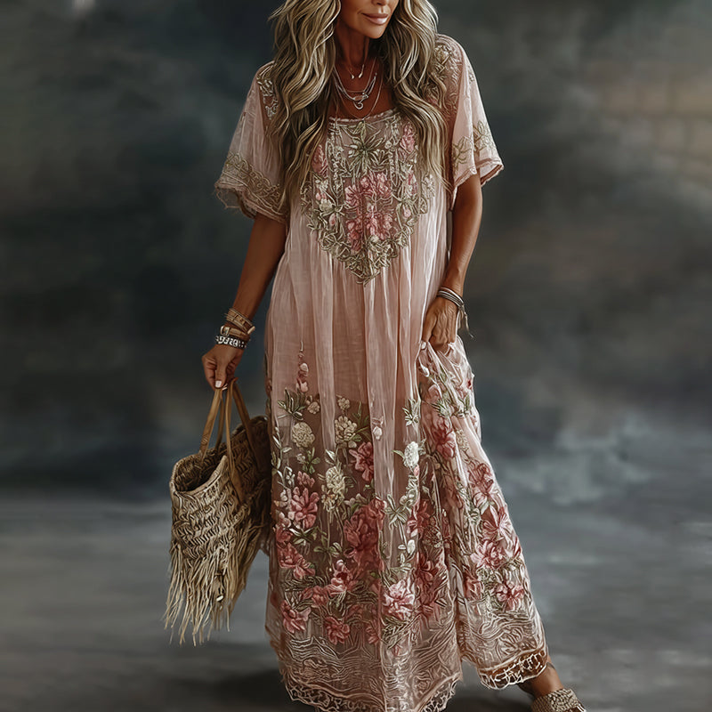 Women's Floral Art Print Flowy Linen Blend Casual Short Sleeve Maxi Dress