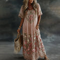 Women's Floral Art Print Flowy Linen Blend Casual Short Sleeve Maxi Dress