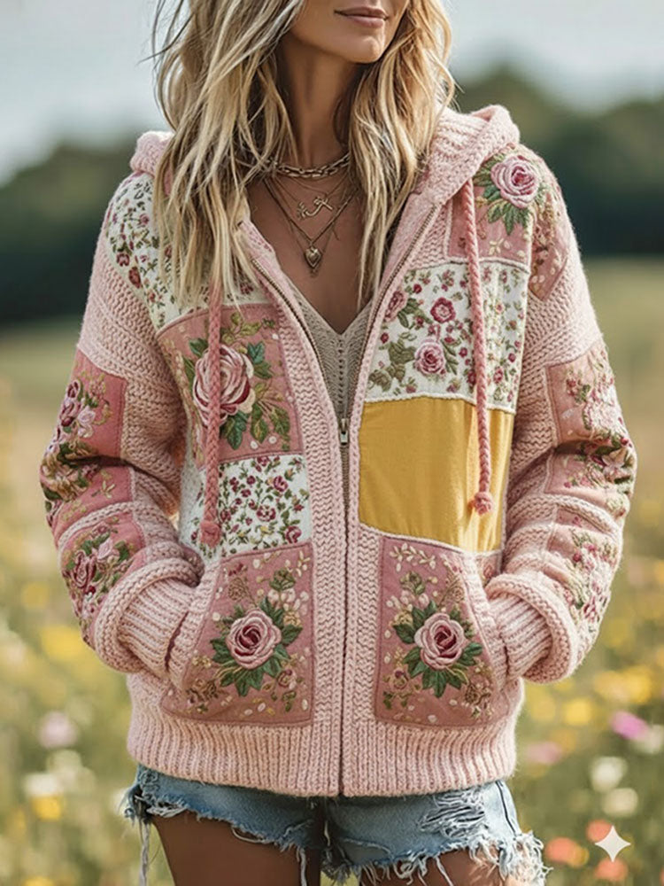 Women's Vintage Floral Patchwork Cozy Knit Hooded Zipper Sweater