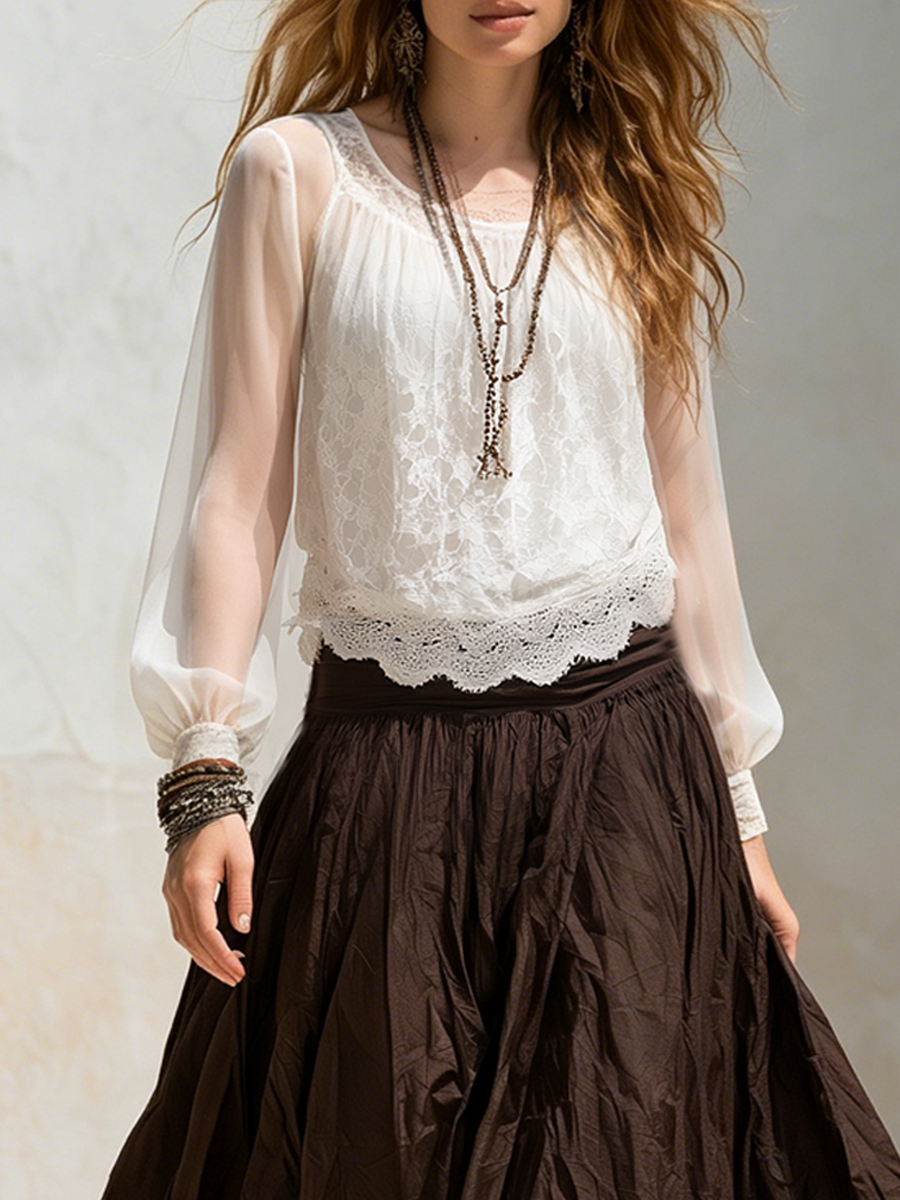 Bohemian Lace Chiffon Top And Brown Skirt Set