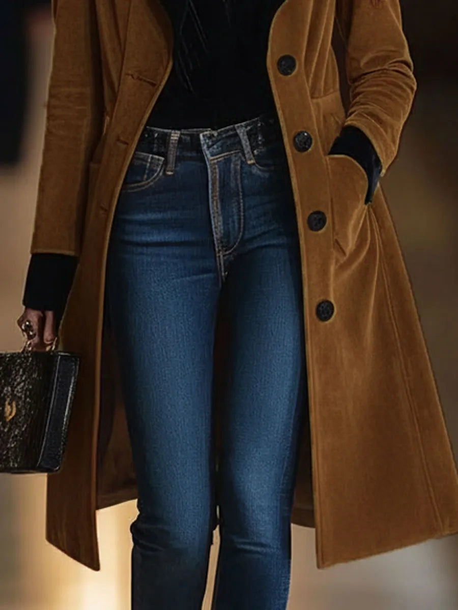 [24-hour shipping out]Casual Loose Vintage Caramel Suede Black Lapel Single Breasted Coat