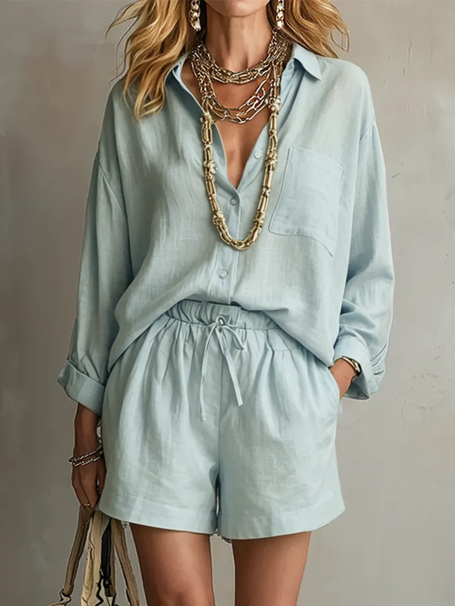 Sage Linen Relaxed Shirt Drawstring Shorts Set