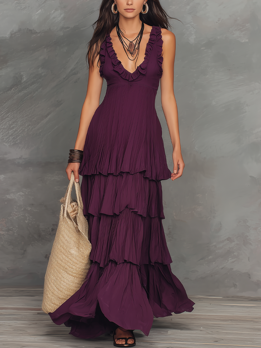 Elegant Plum Ruffle Tiered Maxi Dress