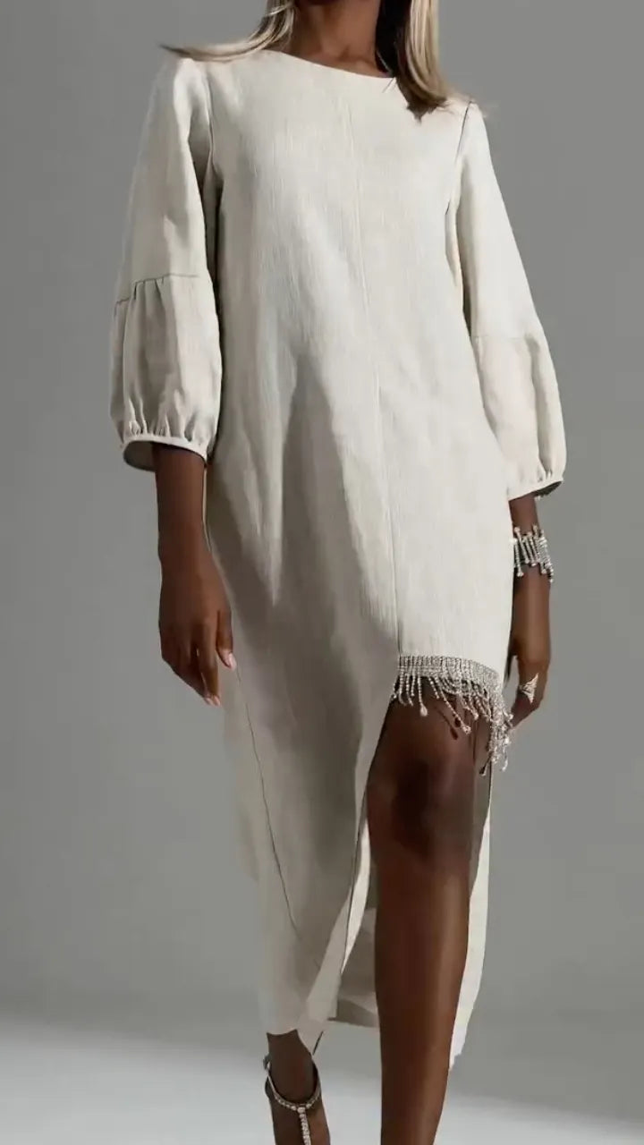 Beige Linen Fringe‑Slit Midi Dress