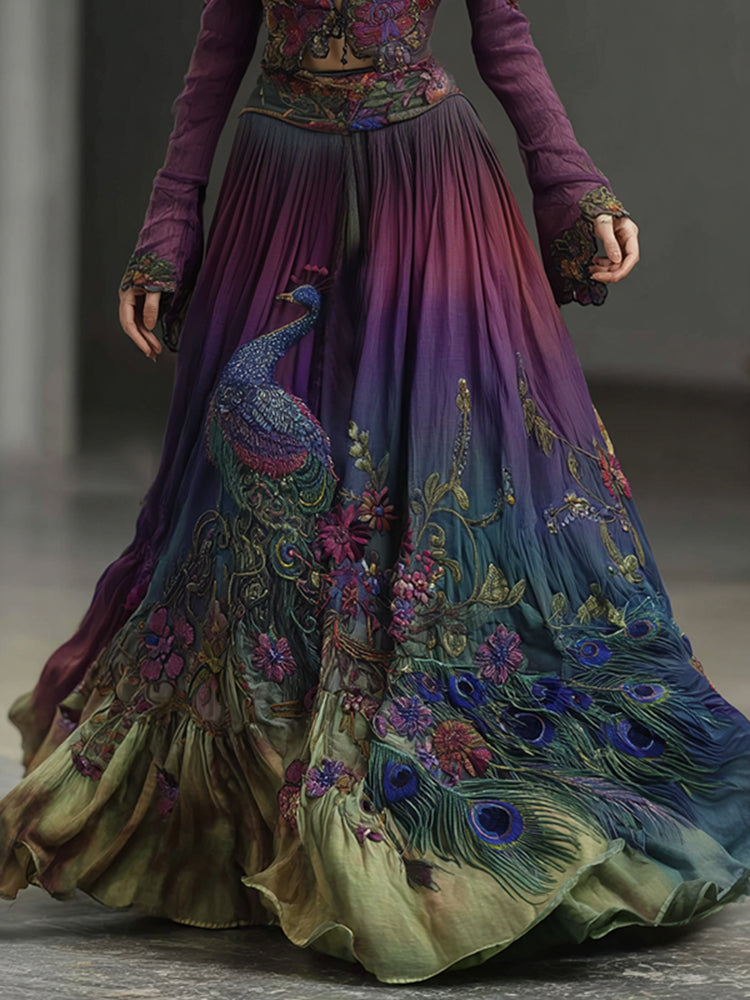 Vintage Classy Gradient Peacock With Floral Embroidered Art Linen Blend Casual Skirt