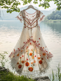 Summer Vacation Ruffle Lace Contrast Color Dress c267