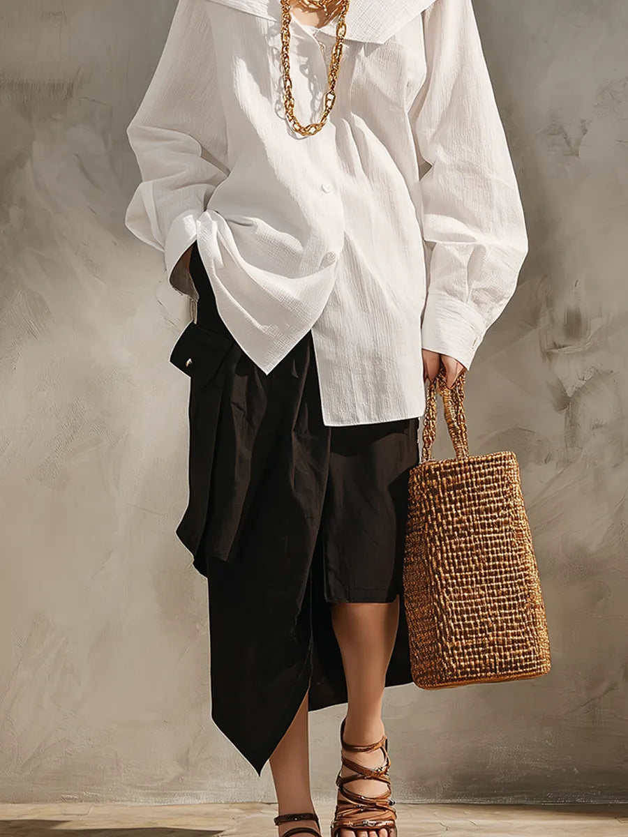 Effortless Minimalist White Shirt Black Midi Skirt