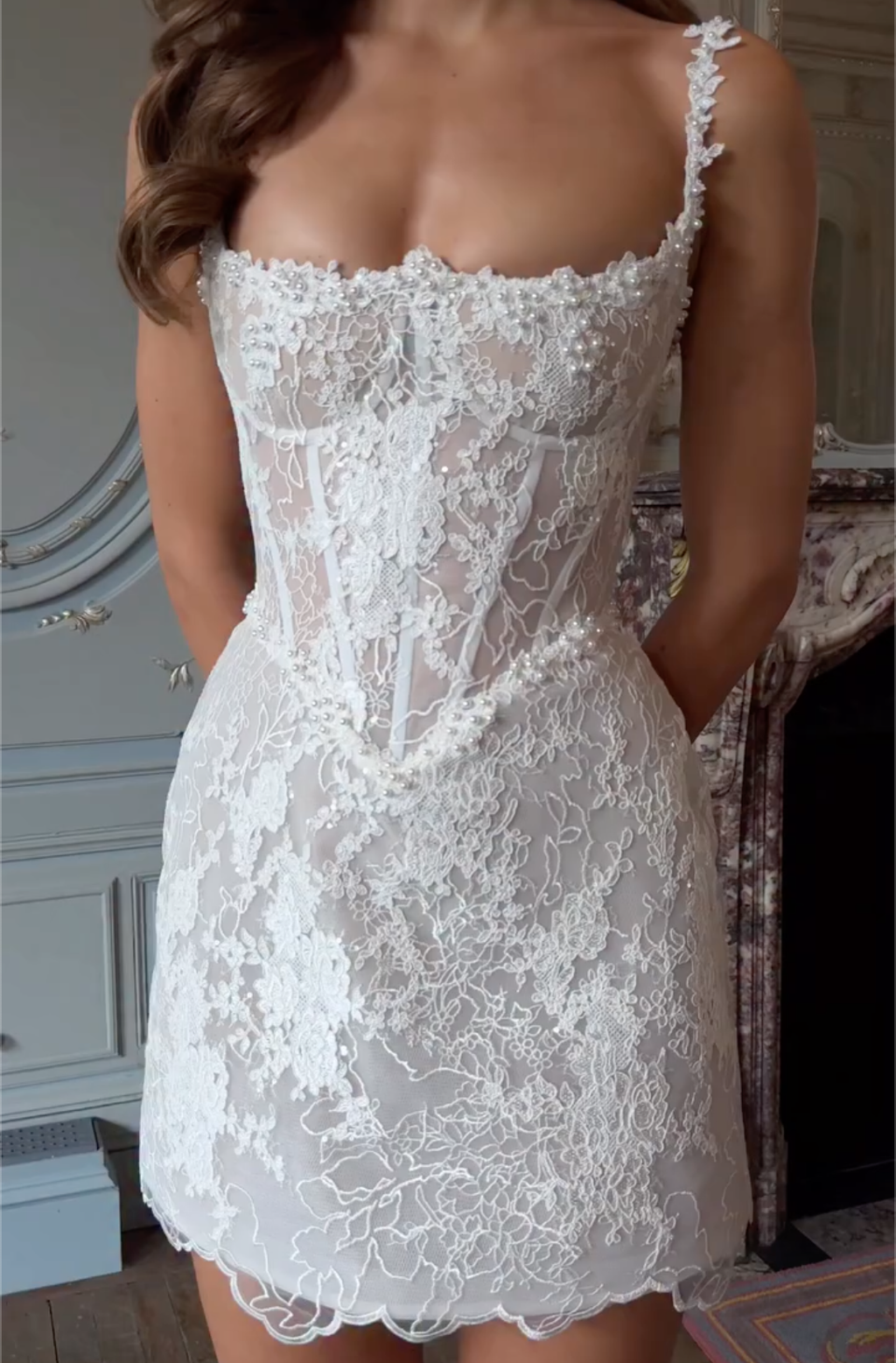 White Spaghetti Strap Lace Mini Dress with Pearl Embellishments
