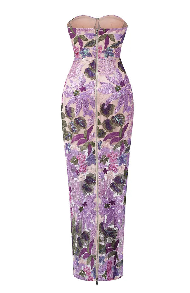 Strapless Floral Sequin Bustier Maxi Dress Lavender