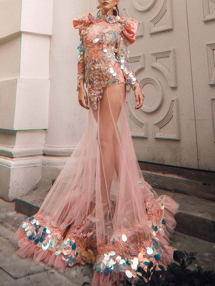 Long Sleeves Sequined See-Through Split-Joint Round-Neck Maxi Dresses