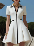 [24-hour shipping out]Women's White Zipper Design With Black Trim Dress
