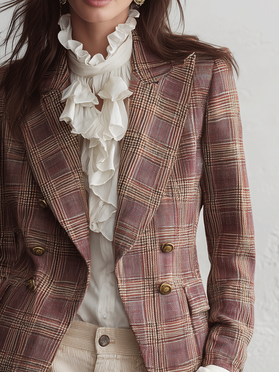 Effortless Chic Textured Tweed Fitted Peaked-Lapel Brown & Pink Plaid Blazer