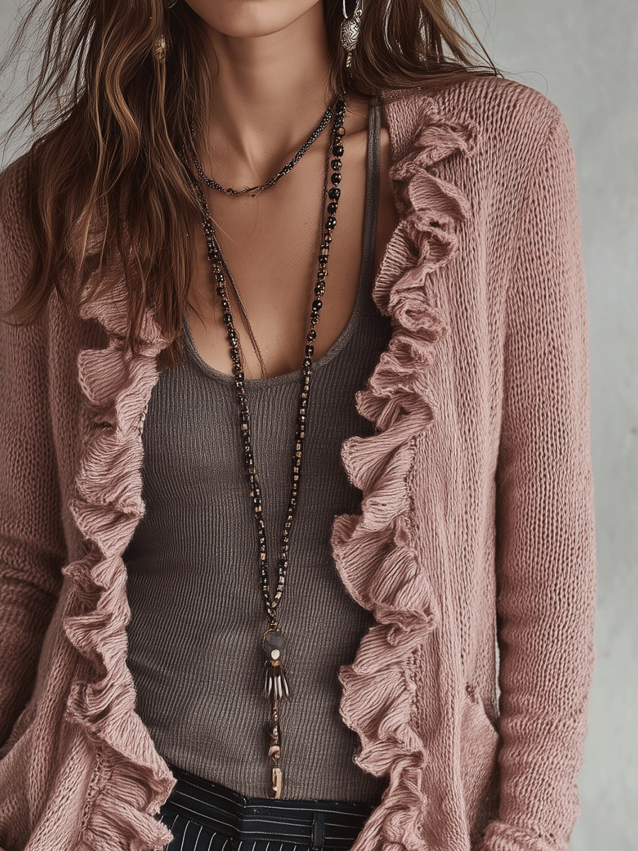 Romance Ruffle Trim Resort Dusty Rose Knit Cardigan