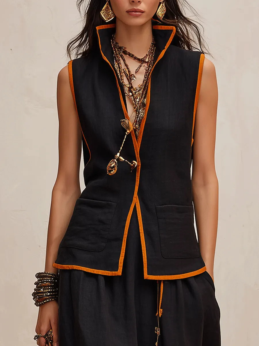 Western Chic Linen Stand-Collar Open-Front Black & Rust Maxi Skirt Set