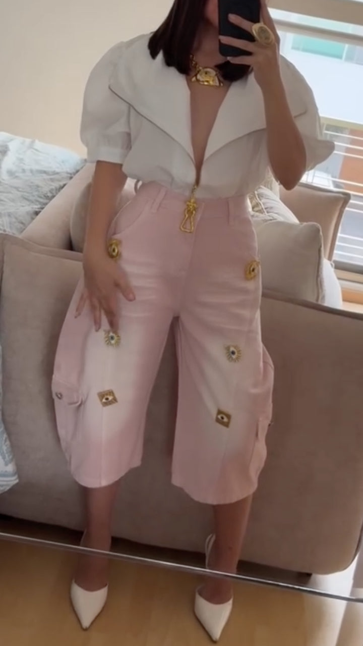Puff Sleeve Top /Pink Eyelet Culottes