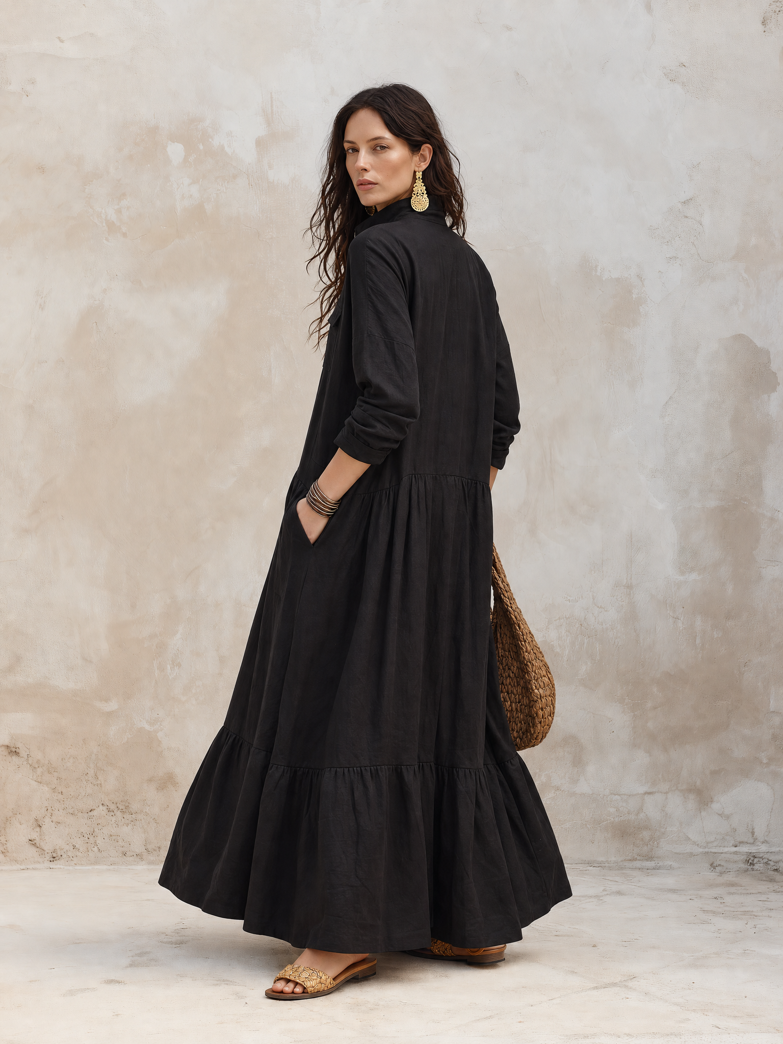 Effortless Boho Linen Zip-Front Tiered Drop-Waist Black Maxi Dress