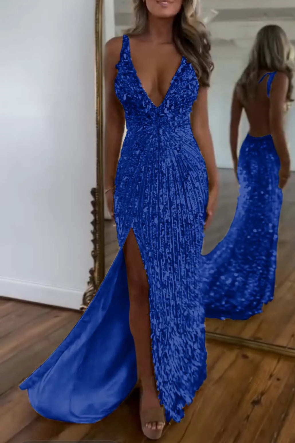 Charming Gold Sequins Spaghetti Strap Sleeveless V Neck Long Prom Dress with Split