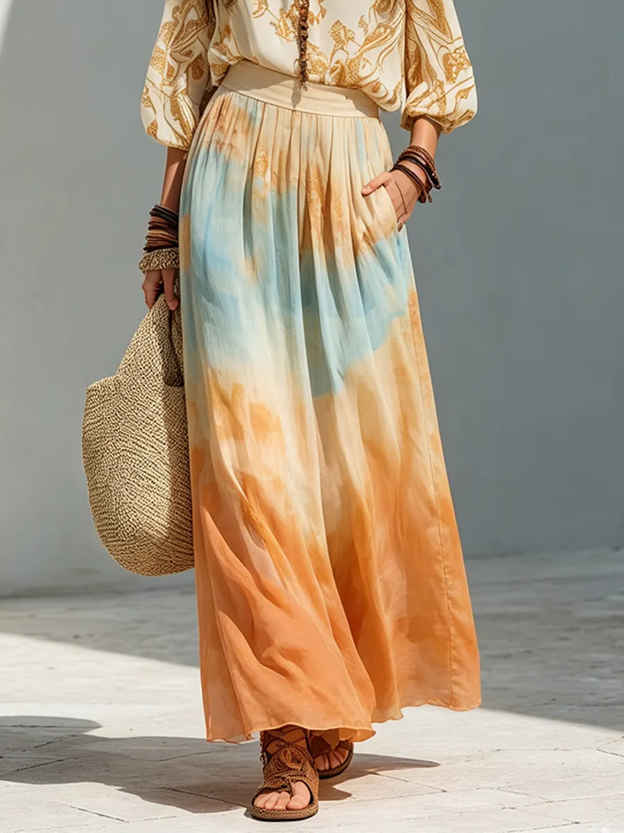 Boho Balloon Sleeve Shirt And Watercolor Maxi Skirt Outfit