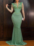 Sexy V-Neck Beaded Decorate Lace Wrap Solid Color Evening Maxi Dress