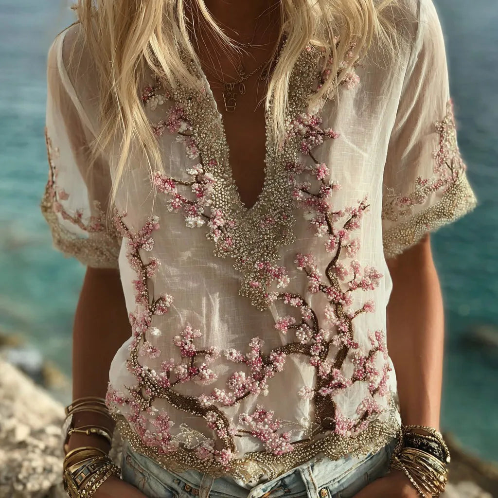 Bohemian Style Sakura Diamond Embroidery Vintage Short-sleeved Shirt