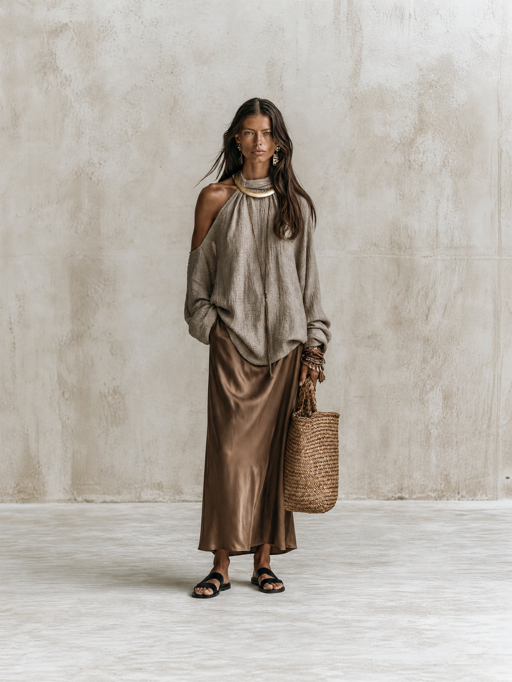 Effortless Chic Taupe Knit Sweater & Brown Satin Maxi Skirt Set