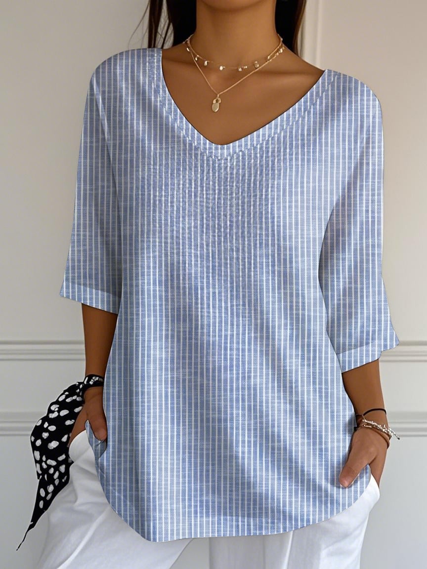 Women's Retro Striped Casual V-neck T-shirt