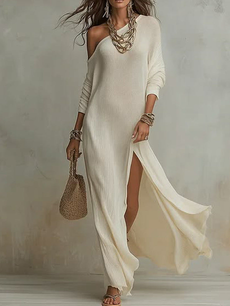 Women's Off-the-Shoulder Waffle Knit Maxi Dress - Elegant High-Slit Beach Vacation Dress