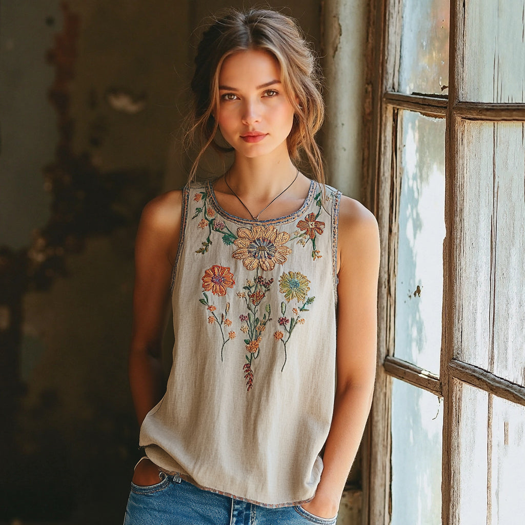 Vintage Bohemian Flowers Embroidery Art Linen Sleeveless Top