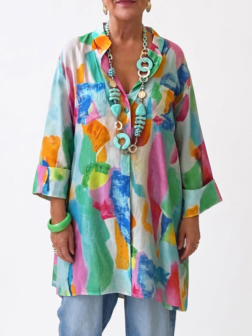 Artistic Watercolor Print V-neck Cotton-linen Shirt