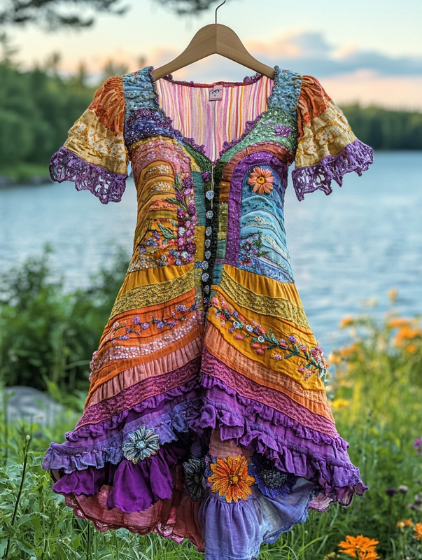 Summer Vacation Ruffle Lace Contrast Color Dress 8f7b