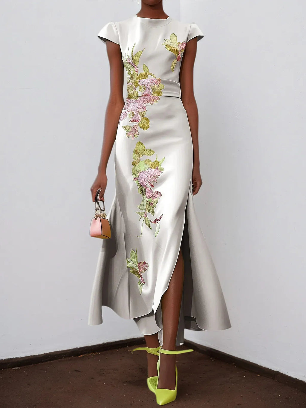 Silver Light Gray Floral Embroidered Cap Sleeve Slit A-Line Maxi Dress