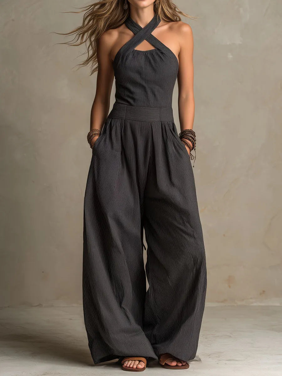 Boho Charcoal Crisscross Halter Pinstripe Wide-Leg Jumpsuit