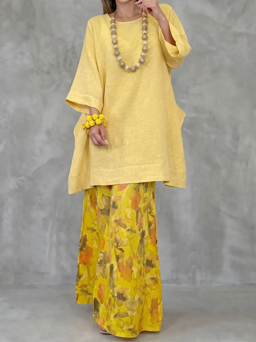 Split-side Solid Color Three-quarter Sleeves Loose Round-neck Blouses&shirts Tops