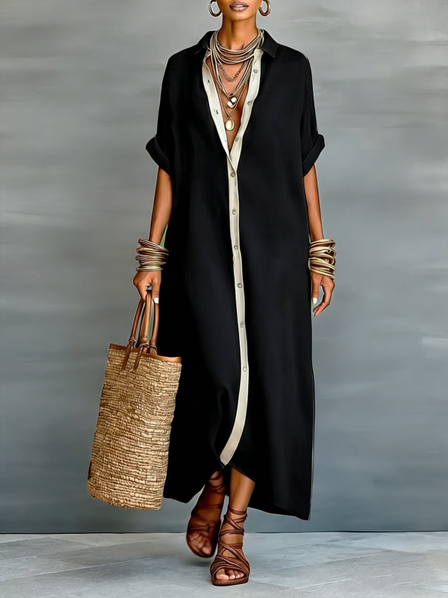 Women’s Linen & Cotton Shirt Dress – Casual Loose Fit Summer Midi Dress