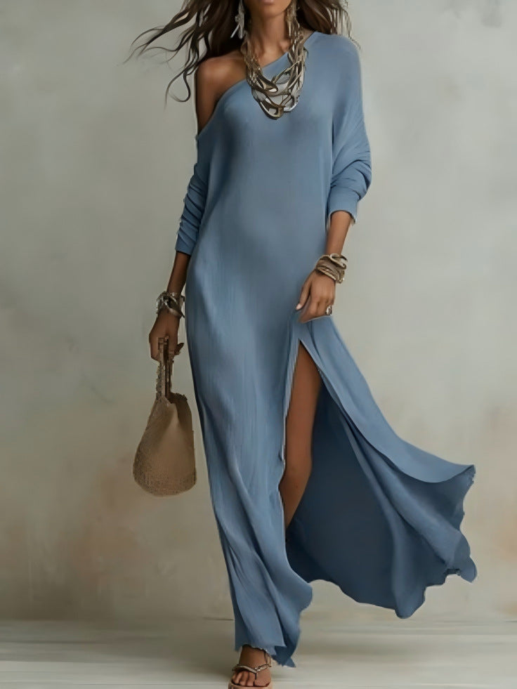 Women's Off-the-Shoulder Waffle Knit Maxi Dress - Elegant High-Slit Beach Vacation Dress