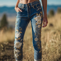 Bohemian Style Women's Plant Flower Embroidery Loose Fit Wide Leg Straight Leg Denim Long Pants