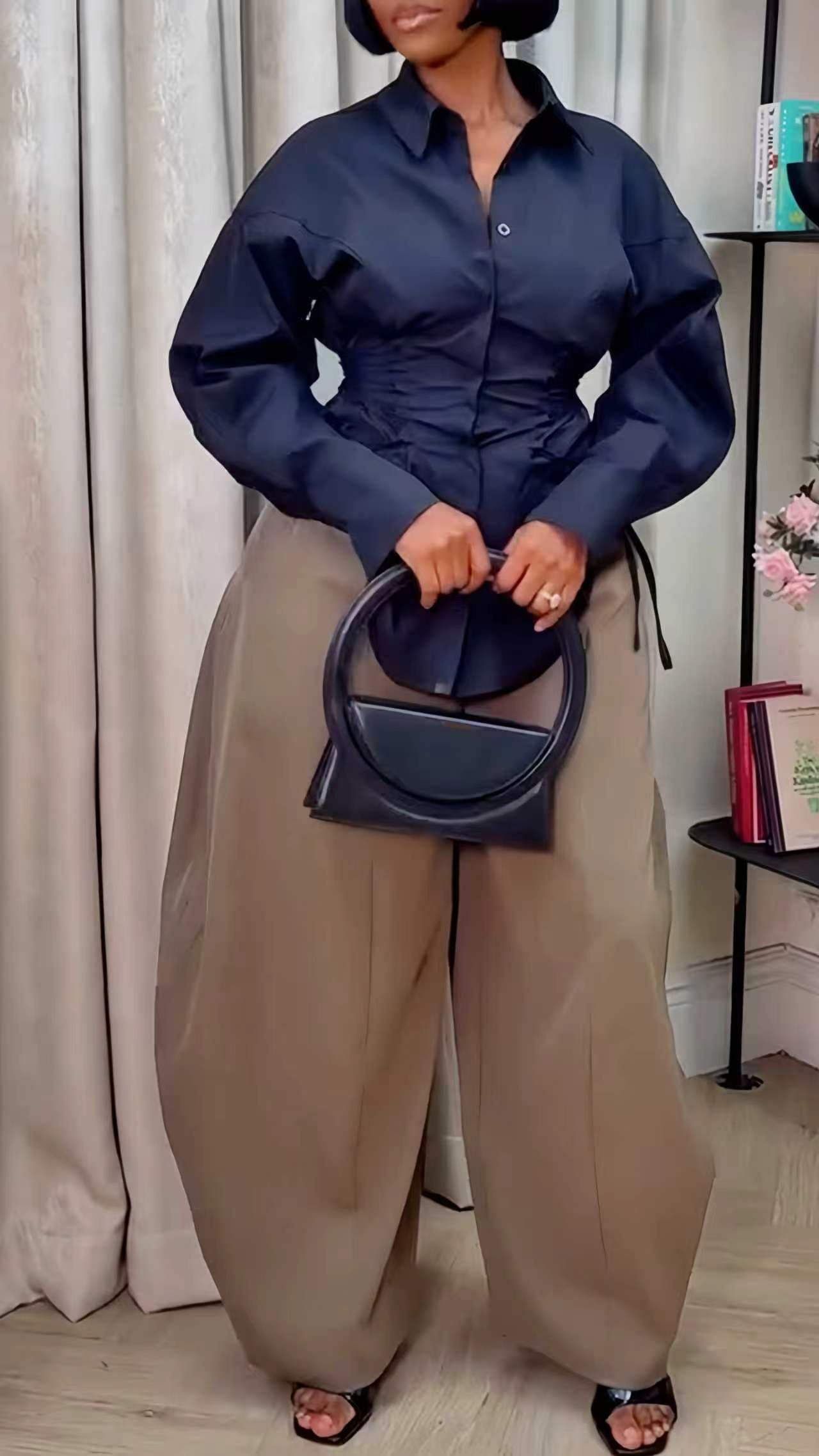 Black Corset Shirt & Beige Trouser Set